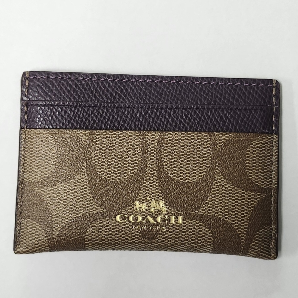 Like New Plum and Tan Signature with Gold Authentic Coach Leather Card Case